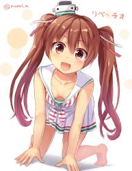 Rule 34 | 10s, 1girl, :d, all fours, alternate skin color, bare legs, bare shoulders, barefoot, blush, breasts, brown eyes, brown hair, collarbone, downblouse, dress, hair ribbon, hat, kantai collection, libeccio (kancolle), looking at viewer, no bra, noe noel, one-hour drawing challenge, open mouth, ribbon, sailor dress, sleeveless, small breasts, smile, solo, twintails, twitter username, two side up