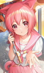 Rule 34 | 1girl, animal ears, cat ears, cat girl, cat tail, collarbone, collared shirt, from above, hair between eyes, highres, holding, holding umbrella, kaze-hime, looking at viewer, neckerchief, original, outdoors, parted lips, pink hair, pink neckerchief, pink sailor collar, pink serafuku, pink skirt, pleated skirt, red eyes, sailor collar, sailor shirt, school uniform, serafuku, shirt, short hair, short sleeves, skirt, solo, tail, umbrella, white shirt, yellow umbrella