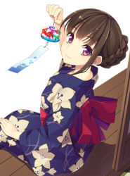 Rule 34 | 1girl, bow, braid, brown hair, eyebrows, floral print, french braid, from above, hisho collection, holding, japanese clothes, kimono, long sleeves, looking at viewer, looking back, looking up, mmu, official art, purple eyes, red bow, sash, sidelocks, simple background, sitting, solo, white background, wind chime, yukata