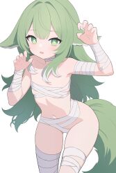 Rule 34 | 1girl, absurdres, animal ears, arm wrap, bags under eyes, bandaged neck, bandages, bare shoulders, blush, breasts, chinese commentary, collarbone, contrapposto, fox ears, fox tail, green eyes, green hair, highres, honkai: star rail, honkai (series), huohuo (honkai: star rail), leg wrap, long hair, looking at viewer, navel, open mouth, paw pose, skindentation, small breasts, solo, sweatdrop, tail, thighs, yiheyulei