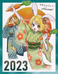 Rule 34 | 2023, 2girls, animal ears, arm up, blonde hair, blue border, blue kimono, blue sash, blush, border, carrot, carrot (one piece), chinese zodiac, circle, commentary request, dated, dog ears, floral print, green kimono, green sash, hair ornament, holding, holding carrot, japanese clothes, kimono, looking ahead, looking at viewer, multiple girls, obi, one piece, profile, rabbit ears, rabbit girl, sash, short hair, smile, souma (soumadian), wanda (one piece), wide sleeves, year of the rabbit