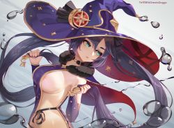 Rule 34 | 1girl, areola slip, black choker, black hair, blue dress, blue eyes, blue hat, breasts, choker, detached sleeves, dress, fur collar, genshin impact, greatodoggo, hair between eyes, hands up, hat, highres, holding, holding own hair, large breasts, long hair, long sleeves, looking away, mona (genshin impact), parted lips, sideless outfit, solo, twintails, very long hair, witch hat