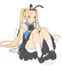 Rule 34 | 1girl, absurdres, animal ears, black bow, black bowtie, black footwear, black skirt, blonde hair, blue eyes, blush, bow, bowtie, closed mouth, doll joints, fake animal ears, highres, joints, long hair, looking at viewer, luimiart, original, rabbit ears, shoes, skirt, smile, socks, solo, twintails, very long hair, white socks