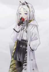 Rule 34 | 0 (znanimo), 1girl, absurdres, animal ear fluff, animal ears, arknights, black gloves, black pantyhose, black skirt, can, coat, commentary, cowboy shot, drinking, gloves, grey background, hairband, heavyrain (arknights), highres, holding, holding can, long hair, long sleeves, looking at viewer, miniskirt, open clothes, open coat, open mouth, pantyhose, parted bangs, pleated skirt, pouch, purple eyes, shirt, silver hair, skirt, solo, symbol-only commentary, two-tone hairband, white coat, white shirt, zebra ears