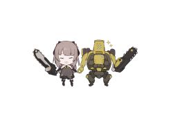 Rule 34 | 1girl, armored core, armored core 6, chainsaw, chibi, closed eyes, crossover, dee (fire2332), hair ornament, highres, holding, holding hands, holding weapon, honest brute, mecha, milk tooth (armored core 6), nanami: pulse (punishing: gray raven), nanami (punishing: gray raven), open mouth, punishing: gray raven, robot, simple background, smile, sparkle, weapon