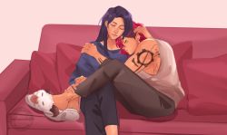 Rule 34 | 2girls, animal slippers, arcane: league of legends, arm tattoo, black pants, caitlyn (league of legends), closed mouth, couch, crossed legs, cuddling, closed eyes, facial tattoo, highres, league of legends, lesbeanlatte, long hair, multiple girls, pants, pink hair, short hair, sitting, slippers, tattoo, vi (league of legends), yuri