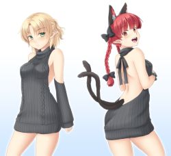 Rule 34 | &gt;:(, 2girls, alternate costume, animal ears, armpit peek, backless dress, backless outfit, bare arms, bare back, bare shoulders, black bow, blonde hair, blunt bangs, blush, bow, braid, breasts, cat ears, cat tail, closed mouth, commentary request, cowboy shot, detached sleeves, dress, extra ears, frown, green eyes, hair bow, halterneck, isaki (gomi), kaenbyou rin, looking at viewer, medium breasts, meme attire, mizuhashi parsee, multiple girls, multiple tails, pointy ears, ponytail, red eyes, red hair, ribbed sweater, sideboob, sweater, sweater dress, tail, touhou, turtleneck, turtleneck sweater, twin braids, two tails, v-shaped eyebrows, virgin killer sweater