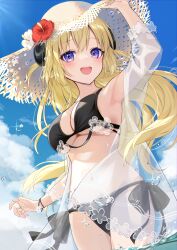 Rule 34 | 1girl, absurdres, alternate costume, arm up, armpits, bikini, black bikini, black horns, blonde hair, blue eyes, blue sky, breasts, cloud, commentary request, cowboy shot, day, flower, fuyoyo, hat, hat flower, highres, hololive, horns, large breasts, long hair, looking at viewer, open mouth, outdoors, sky, smile, solo, straw hat, swimsuit, tareme, tsunomaki watame, virtual youtuber, water, wet