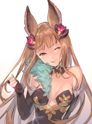 Rule 34 | 10s, 1girl, animal ears, bare shoulders, blonde hair, breasts, elbow gloves, erune, gloves, granblue fantasy, hair ornament, looking at viewer, medium breasts, metera (granblue fantasy), natsuhiko, one eye closed, smile, solo