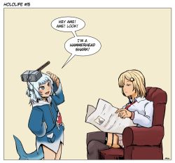 Rule 34 | 2girls, animal hoodie, annoyed, armchair, beige background, blonde hair, blue eyes, blue hair, blunt bangs, blush, chair, collarbone, cowboy shot, crossed legs, drawstring, english text, fins, fish tail, from side, frown, gawr gura, gawr gura (1st costume), grey legwear, hair ornament, hammer, hand on own hip, hololive, hololive english, hood, hood down, hoodie, long sleeves, multicolored clothes, multicolored hair, multicolored hoodie, multiple girls, necktie, newspaper, no pants, object on head, open mouth, plaid, plaid clothes, plaid skirt, pointing, pun, reading, red necktie, shark girl, shark hair ornament, shark hoodie, shark tail, sharp teeth, shirosefang, shirt, signature, silver hair, simple background, sitting, skirt, smile, speech bubble, standing, streaked hair, tail, teeth, thighhighs, two side up, upper teeth only, virtual youtuber, visual pun, watson amelia, white shirt