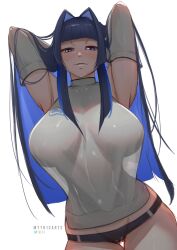 Rule 34 | 1girl, arms behind head, arms up, artist name, black shorts, blue eyes, blue hair, blush, breasts, cleft of venus, closed mouth, detached sleeves, female focus, from below, half-closed eyes, highres, hololive, hololive english, large breasts, long hair, long sleeves, micro shorts, myth1carts, naughty face, ouro kronii, shirt, shorts, sidelocks, solo, standing, straight-on, thick thighs, thigh gap, thighs, turtleneck, turtleneck shirt, virtual youtuber, white background, white shirt, white sleeves