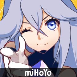 Rule 34 | 1girl, absurdres, bang (gesture), bare shoulders, benares (honkai impact), blue eyes, blue hair, close-up, closed mouth, company name, elbow gloves, finger gun, gloves, hair between eyes, highres, honkai (series), honkai impact 3rd, one eye closed, parody, pointing, pointing at viewer, portrait, simple background, smile, solo, takaminaminami, white gloves, yellow background