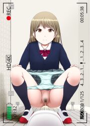 Rule 34 | 1girl, bow, brown eyes, clothes lift, female focus, female pubic hair, fundarikettari, highres, peeing, pubic hair, pull panties, pussy, recording, red bow, school uniform, shoes, skirt, skirt lift, solo, squat toilet, squatting, toilet, toilet use, uncensored