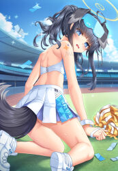 Rule 34 | 1girl, animal ears, blue archive, blue eyes, cheerleader, day, dog ears, dog tail, goggles, goggles on head, hibiki (blue archive), hibiki (cheer squad) (blue archive), highres, kneeling, looking at viewer, looking back, millennium cheerleader outfit (blue archive), on ground, open mouth, pleated skirt, pom pom (cheerleading), shoes, skirt, sky, solo, stadium, tail, umitonakai