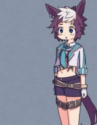 Rule 34 | 1girl, :o, animal ears, aqua neckerchief, arms at sides, belt, black shorts, blue eyes, blush stickers, breasts, brown hair, collared shirt, cropped jacket, ear piercing, gloves, grey background, horse ears, horse girl, horse tail, long sleeves, mejiro ryan (umamusume), midriff, multicolored hair, navel, neckerchief, piercing, shirt, short hair, short shorts, shorts, simple background, small breasts, solo, standing, sudzume, tail, thigh belt, thigh strap, tied shirt, two-tone hair, umamusume, white gloves, white hair, white shirt