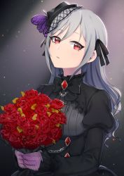 Rule 34 | 1girl, apple brk, bad id, bad pixiv id, black dress, black ribbon, bouquet, butterfly hair ornament, chain, dress, flower, gothic lolita, hair between eyes, hair ornament, hair ribbon, head tilt, holding, holding flower, idolmaster, idolmaster cinderella girls, idolmaster cinderella girls starlight stage, kanzaki ranko, lolita fashion, long hair, looking at viewer, parted lips, red eyes, red flower, ribbon, silver hair, solo, sparkle, standing, upper body