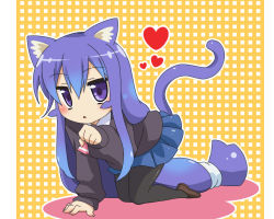 Rule 34 | 1girl, acchi kocchi, all fours, animal ears, ascot, black pantyhose, blue hair, blue skirt, blush, cat ears, chibi, full body, hair between eyes, heart, loafers, long hair, long sleeves, miniwa tsumiki, pantyhose, parted lips, paw pose, pleated skirt, purple eyes, purple hair, shoes, skirt, solo, sweater, tail, triangle mouth, very long hair