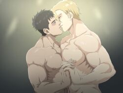 Rule 34 | 2boys, ao isami, bara, bisen (mirion ray), black hair, blonde hair, couple, ending song, highres, holding hands, imminent kiss, interlocked fingers, large pectorals, lewis smith, looking at another, male focus, multiple boys, muscular, muscular male, nipples, parody, pectoral docking, pectoral press, pectorals, short hair, simple background, upper body, yaoi, yuuki bakuhatsu bang bravern