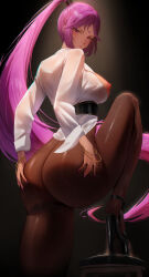 Rule 34 | 1girl, absurdres, ass, blush, bracelet, breasts, breasts out, cleavage, hair ornament, highres, jewelry, large breasts, long hair, long sleeves, looking at viewer, nipples, open mouth, original, pantyhose, parted bangs, purple eyes, purple hair, rororo, shirt, simple background, solo, thighs, very long hair