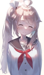 Rule 34 | 1girl, ahoge, arms behind back, backlighting, black sailor collar, blue archive, blush, buttons, closed eyes, commentary, grin, halo, head tilt, highres, light brown hair, long hair, long sleeves, looking at viewer, natsu (blue archive), neckerchief, red neckerchief, sailor collar, shirt, side ponytail, simple background, smile, solo, takechii, teeth, upper body, white background, white shirt