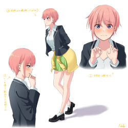 Rule 34 | 1girl, absurdres, arms behind back, black footwear, black jacket, blazer, blush, clothes around waist, collared shirt, commentary request, from side, full body, go-toubun no hanayome, green skirt, hand to own mouth, hands up, highres, jacket, long sleeves, looking at viewer, multiple views, nakano ichika, open clothes, open jacket, pink hair, pleated skirt, profile, purple eyes, ricky (haye4843), school uniform, shadow, shirt, shoes, short hair, signature, skirt, smile, socks, sweater, sweater around waist, translation request, upper body, walking, white background, white shirt, white socks, yellow sweater