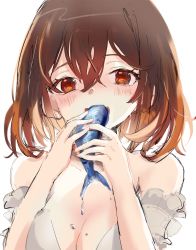 Rule 34 | 1girl, bare shoulders, blush, breasts, brown eyes, brown hair, cleavage, collarbone, commentary request, eating, fish, food, hair between eyes, highres, holding, holding food, looking at viewer, medium breasts, open mouth, original, sha2mo, simple background, solo, strapless, upper body, water drop, wet, white background