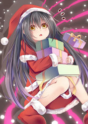 Rule 34 | 1girl, black hair, box, brown hair, capelet, child, christmas, commentary request, creek (moon-sky), fur trim, gift, gift box, hair between eyes, hat, highres, knees together feet apart, long hair, long sleeves, merry christmas, open mouth, original, red footwear, santa costume, santa hat, shoes, snow, snowing, solo, yellow eyes, youjo (creek (moon-sky))