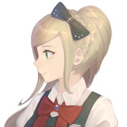 Rule 34 | 1girl, aki aiko, alternate eye color, blonde hair, bow, braid, commentary request, danganronpa (series), danganronpa 2: goodbye despair, dress, face, french braid, from side, green eyes, hair bow, hair ornament, jewelry, long hair, ponytail, red bow, red neckwear, simple background, smile, solo, sonia nevermind, white background