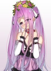 Rule 34 | 1girl, absurdres, armlet, bare shoulders, blush, buckle, closed mouth, collar, collarbone, commentary request, detached sleeves, dress, eyes visible through hair, fate/grand order, fate (series), flower, forehead, frilled dress, frilled sleeves, frills, gradient background, grey background, hair flower, hair ornament, hair ribbon, head tilt, highres, long hair, long sleeves, looking at viewer, medusa (fate), medusa (lancer) (fate), medusa (lancer) (final ascension) (fate), medusa (rider) (fate), nose blush, official alternate costume, pink flower, pink rose, purple dress, purple eyes, purple hair, ribbon, rider, rose, smile, solo, twintails, upper body, very long hair, white ribbon, yamanokami eaka, yellow flower, yellow rose