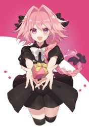 Rule 34 | 1boy, astolfo (apocrypha epilogue) (fate), astolfo (fate), black bow, black dress, bow, braid, commentary request, dress, fang, fate/apocrypha, fate (series), floating, floating object, gift, hair bow, hair intakes, hair ribbon, highres, kan&#039;yu (citron 82), long hair, looking at viewer, male focus, multicolored hair, official alternate costume, open mouth, pink hair, purple eyes, ribbon, single braid, smile, solo, streaked hair, thighhighs, trap, white ribbon