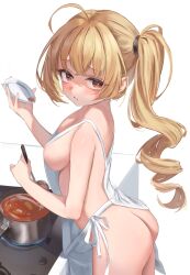 1girl absurdres apron blonde_hair highres hong_(vsak3373) long_hair naked_apron original simple_background solo white_background