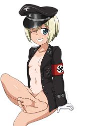 Rule 34 | 1girl, barefoot, blonde hair, blue eyes, breasts, censored nipples, convenient censoring, erica hartmann, feet, grin, hideyoshiao1, highres, nazi, small breasts, smile, soles, strike witches, tan, tanline, tomboy, world witches series