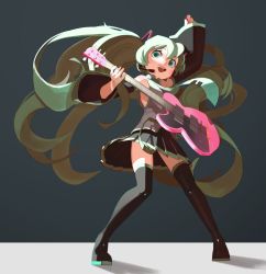 Rule 34 | 1girl, :d, arm up, armpit peek, backlighting, bare shoulders, black skirt, black thighhighs, blue eyes, blue hair, blue necktie, breasts, clothes lift, commentary, electric guitar, english commentary, eyelashes, floating hair, full body, grey background, grey shirt, guitar, happy, hatsune miku, highres, holding, holding instrument, instrument, legs apart, long hair, necktie, open mouth, pleated skirt, plectrum, shadow, shirt, simple background, skirt, skirt lift, sleeveless, sleeveless shirt, small breasts, smile, solo, standing, teeth, thighhighs, topdylan, twintails, upper teeth only, very long hair, vocaloid, zettai ryouiki