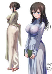 Rule 34 | 1girl, absurdres, alternate costume, ass, blue eyes, blush, book, bra, bra visible through clothes, breasts, cleavage, closed mouth, dress, hair bun, highres, holding, holding book, idolmaster, idolmaster cinderella girls, large breasts, long hair, looking at viewer, multiple views, open mouth, panties, pantylines, pizzasi, profile, sagisawa fumika, sandals, see-through, see-through dress, simple background, single hair bun, smile, straight hair, taut clothes, taut dress, underwear, vietnamese dress