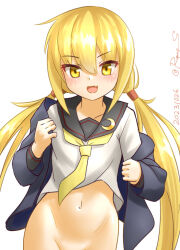 Rule 34 | blonde hair, bottomless, crescent, crescent pin, dated, kantai collection, long hair, navel, no panties, one-hour drawing challenge, ray.s, sailor collar, satsuki (kancolle), simple background, twintails, twitter username, yellow eyes