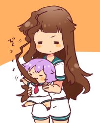Rule 34 | 10s, 2girls, = =, ahoge, blush stickers, brown eyes, carrying, chewing, commentary request, kantai collection, kobone, kuma (kancolle), long hair, multiple girls, neckerchief, purple hair, school uniform, serafuku, short hair, short sleeves, shorts, simple background, tama (kancolle), aged down