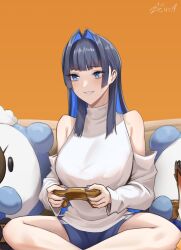 Rule 34 | 1girl, alternate costume, black hair, blue eyes, colored inner hair, controller, game controller, highres, hololive, hololive english, multicolored hair, nail polish, off shoulder, ouro kronii, ouro kronii (casual), teeth, virtual youtuber, zenya