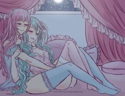 Rule 34 | 2girls, bed, blue dress, blue eyes, blue hair, blush, cherries-and-crows, clothed sex, couple, dress, closed eyes, fingering, hairband, happy sex, hatsune miku, holding another&#039;s arm, implied fingering, long hair, megurine luka, multiple girls, no bra, pink dress, pink hair, pussy juice, second-party source, smile, socks, twintails, vocaloid, yuri