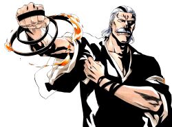 Rule 34 | 1boy, absurdres, armband, armlet, black kimono, bleach, brown eyes, clenched hand, closed mouth, collarbone, facial hair, fire, furrowed brow, highres, japanese clothes, ken&#039;ichi (ken1ro u), kimono, male focus, multicolored hair, mustache, okikiba genshiroo, old, old man, outstretched arm, shaded face, shihakusho, two-tone hair, veins, veiny arms, white background, white hair