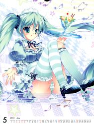 Rule 34 | 10s, 1girl, 2013, absurdres, blush, breasts, calendar, cleavage, food, green eyes, green hair, headdress, high heels, highres, ice cream, long hair, matching hair/eyes, mikeou, musical note, non-web source, panties, ribbon, shoes, smile, solo, star (symbol), striped clothes, striped panties, thighhighs, tongue, twintails, underwear