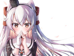 Rule 34 | 1girl, amatsukaze (kancolle), blush, dated, dress, gloves, hair between eyes, hair tubes, jewelry, kantai collection, long hair, long sleeves, looking at viewer, makina00, multicolored hair, own hands together, petals, pink hair, portrait, ring, sailor collar, sailor dress, signature, simple background, single glove, solo, two side up, very long hair, wedding band, white background, white gloves, white hair, white sailor collar