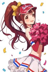 Rule 34 | 1girl, absurdres, blush, brown eyes, brown hair, cheerleader, confetti, crop top, dot nose, elbow gloves, frilled skirt, frills, gloves, hano9789, highres, holding, holding pom poms, idolmaster, idolmaster million live!, idolmaster million live! theater days, long hair, looking at viewer, open mouth, pom pom (cheerleading), pom poms, ponytail, red gloves, ribbon, simple background, skirt, smile, solo, standing, striped clothes, striped gloves, striped skirt, sweatdrop, tanaka kotoha, visor cap, white background, yellow ribbon