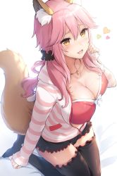 Rule 34 | 1girl, :d, animal ear fluff, animal ears, black skirt, black thighhighs, blush, breasts, cleavage, collarbone, fangs, fate/grand order, fate (series), fox ears, fox girl, fox tail, from above, hair between eyes, hair ribbon, heart, hood, hoodie, large breasts, long hair, long sleeves, looking at viewer, looking up, miniskirt, official alternate costume, open mouth, orange eyes, partially unzipped, pink hair, ribbon, sayika, skirt, smile, solo, striped clothes, striped hoodie, tail, tamamo (fate), tamamo no mae (fate/extra), tamamo no mae (spring casual) (fate), thighhighs