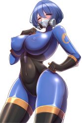 Rule 34 | 1girl, absurdres, black footwear, black gloves, blu pyro (tf2), blue bodysuit, blue eyes, blue hair, bob cut, bodysuit, boots, breasts, commentary, commission, covered erect nipples, english commentary, gas mask, genderswap, genderswap (otf), gloves, half-closed eyes, highres, impossible bodysuit, impossible clothes, large breasts, laxiusart, looking at viewer, mask, nipples, pyro (tf2), short hair, simple background, solo, team fortress 2, thigh boots, white background