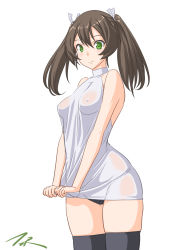 Rule 34 | 1girl, artist name, black panties, black thighhighs, brown hair, clothes pull, commentary request, covered erect nipples, cowboy shot, dated, green eyes, hair ribbon, highres, kantai collection, long hair, panties, ribbon, see-through, simple background, sleeveless, sleeveless sweater, solo, sweater, sweater pull, t2r, thighhighs, twintails, underwear, white background, white ribbon, white sweater, zuikaku (kancolle)
