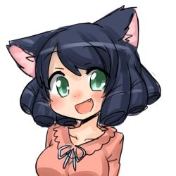 Rule 34 | 10s, 1girl, :d, animal ears, black hair, blue hair, blush, bow, breasts, cat ears, cat girl, collarbone, cyan (show by rock!!), drawfag, fang, green eyes, happy, looking at viewer, open mouth, ribbon, ringlets, rori (4chan), shirt, show by rock!!, simple background, smile, solo, sweater, upper body, white background, white ribbon