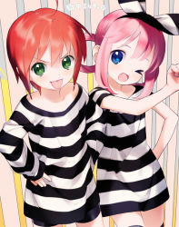 Rule 34 | 2girls, :p, ;d, ahoge, blue eyes, blush, bow, collarbone, green eyes, hair ornament, hairband, inogashi, long hair, long sleeves, multiple girls, one eye closed, open mouth, oversized clothes, oversized shirt, pink hair, sherlock shellingford, shirt, short hair, short sleeves, sidelocks, simple background, smile, striped clothes, striped shirt, tantei opera milky holmes, tongue, tongue out, translated, twintails, yuzurizaki nero