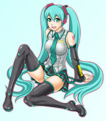 Rule 34 | 1girl, aqua eyes, aqua hair, bad id, bad pixiv id, bare shoulders, blush, boots, detached sleeves, doku sasori, hatsune miku, headset, long hair, necktie, open mouth, panties, pantyshot, simple background, sitting, skirt, solo, striped clothes, striped panties, tattoo, thigh boots, thighhighs, underwear, very long hair, vocaloid