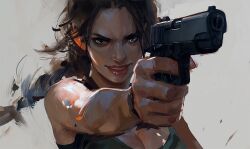 Rule 34 | 1girl, braid, braided ponytail, breasts, brown eyes, brown hair, cleavage, grey background, grin, gun, holding, holding gun, holding weapon, jade law, lara croft, smile, solo, tank top, tomb raider, upper body, weapon