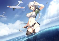 Rule 34 | 1girl, aircraft, airplane, barbariank, black thighhighs, blue sky, braid, breasts, cleavage, cloud, cloud print, day, groin, hand up, highres, kantai collection, large breasts, light rays, long hair, looking at viewer, navel, parted lips, partially submerged, partially underwater shot, single braid, sky, smile, solo, standing, stomach, sunbeam, sunlight, thighhighs, underwater, unryuu (kancolle), very long hair, wading, water, white hair, yellow eyes